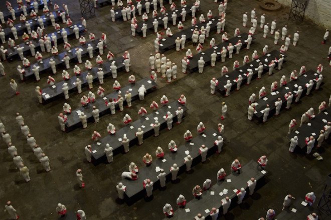 Isaac Cordal, The School, art installation, university, industrialized education, industrialized learning, capitalism in universities, for profit university