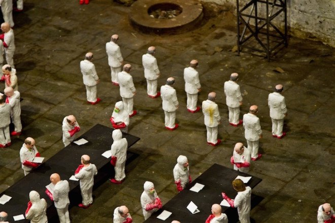Isaac Cordal, The School, art installation, university, industrialized education, industrialized learning, capitalism in universities, for profit university