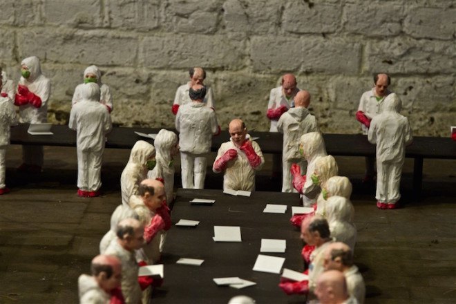 Isaac Cordal, The School, art installation, university, industrialized education, industrialized learning, capitalism in universities, for profit university