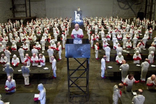 Isaac Cordal, The School, art installation, university, industrialized education, industrialized learning, capitalism in universities, for profit university