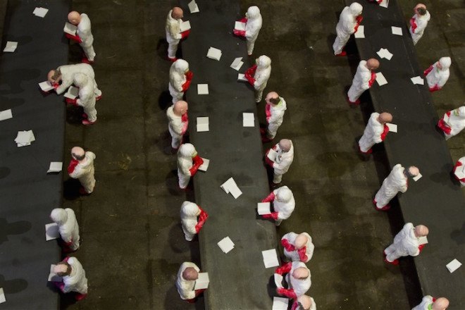Isaac Cordal, The School, art installation, university, industrialized education, industrialized learning, capitalism in universities, for profit university