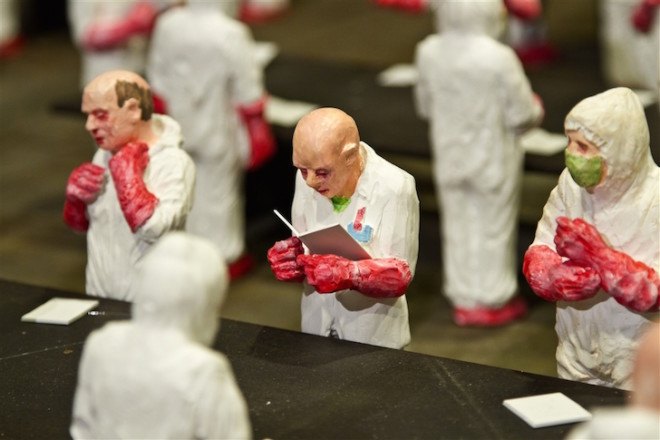 Isaac Cordal, The School, art installation, university, industrialized education, industrialized learning, capitalism in universities, for profit university