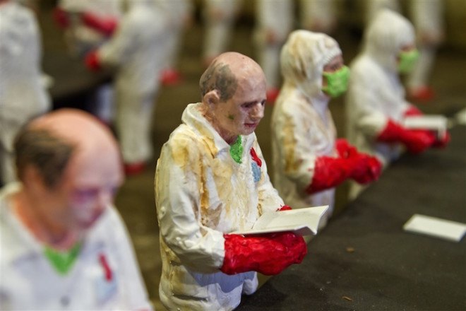 Isaac Cordal, The School, art installation, university, industrialized education, industrialized learning, capitalism in universities, for profit university