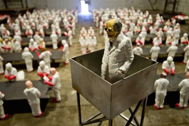 Isaac Cordal, The School, art installation, university, industrialized education, industrialized learning, capitalism in universities, for profit university
