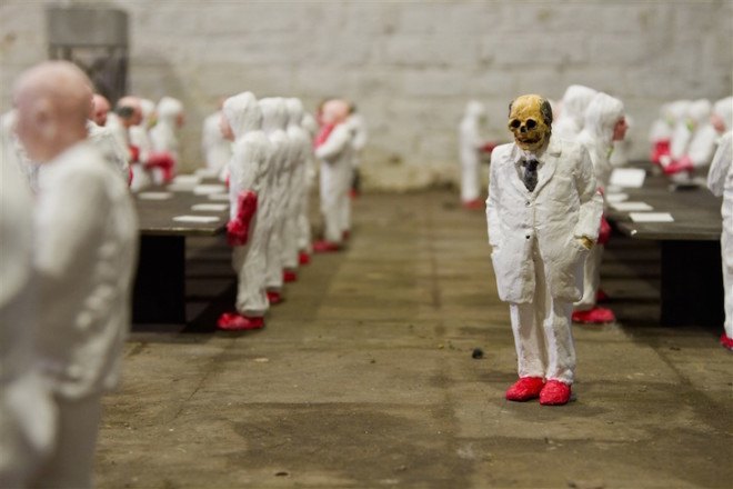 Isaac Cordal, The School, art installation, university, industrialized education, industrialized learning, capitalism in universities, for profit university