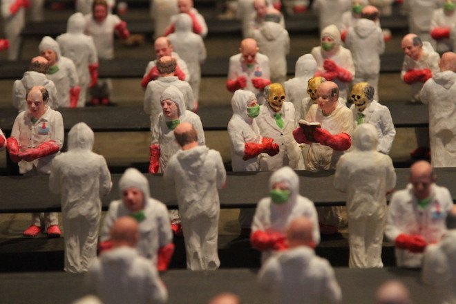 Isaac Cordal, The School, art installation, university, industrialized education, industrialized learning, capitalism in universities, for profit university