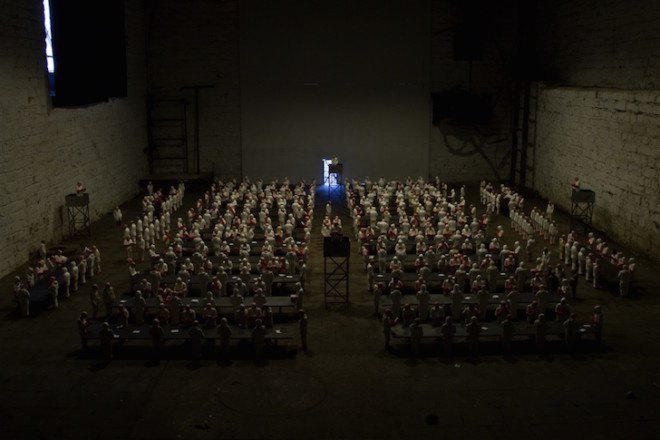 Isaac Cordal, The School, art installation, university, industrialized education, industrialized learning, capitalism in universities, for profit university