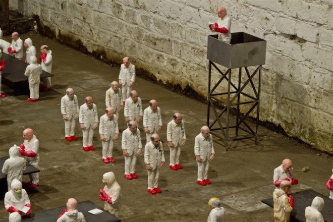 Isaac Cordal, The School, art installation, university, industrialized education, industrialized learning, capitalism in universities, for profit university