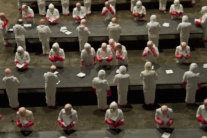 Isaac Cordal, The School, art installation, university, industrialized education, industrialized learning, capitalism in universities, for profit university