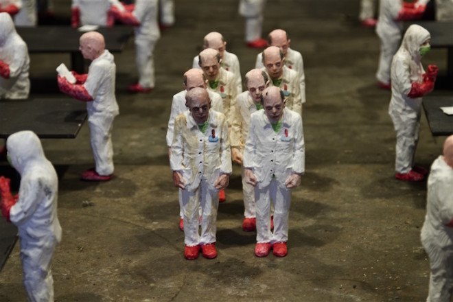 Isaac Cordal, The School, art installation, university, industrialized education, industrialized learning, capitalism in universities, for profit university
