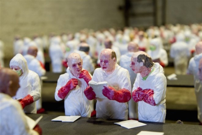 Isaac Cordal, The School, art installation, university, industrialized education, industrialized learning, capitalism in universities, for profit university