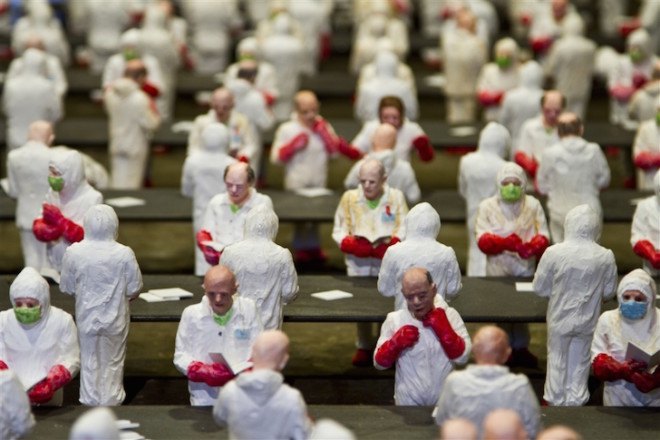Isaac Cordal, The School, art installation, university, industrialized education, industrialized learning, capitalism in universities, for profit university