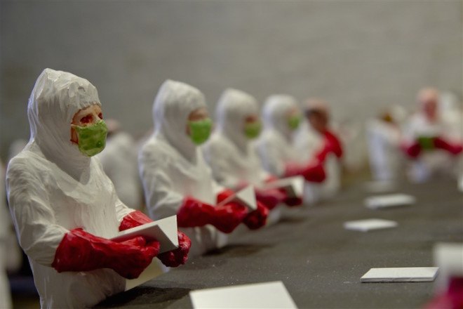 Isaac Cordal, The School, art installation, university, industrialized education, industrialized learning, capitalism in universities, for profit university