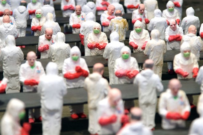 Isaac Cordal, The School, art installation, university, industrialized education, industrialized learning, capitalism in universities, for profit university