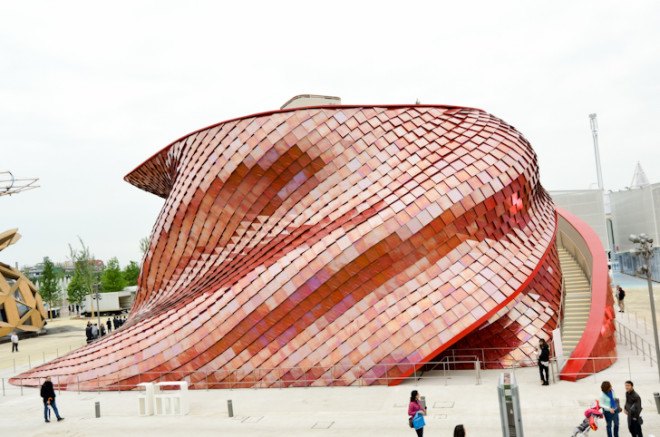 Daniel Libeskind, pollution cleaning building, pollution scrubbing tiles, Libeskind, Vanke Pavilion, World Expo, Milan Expo, World Expo 2015, 2015 Milan Expo, China, Vanke, Milan Expo 2015, red ceramic tiles, Daniel Libeskind, Casalgrande Padana, self-cleaning tiles, rooftop terrace, green design, Italy, sustainable design, green architecture, Italy