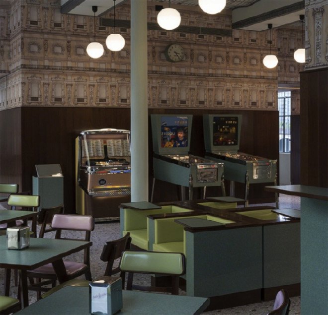 wes anderson, bar luce, fondazione prada, milan, cafe, restaurant, italian design