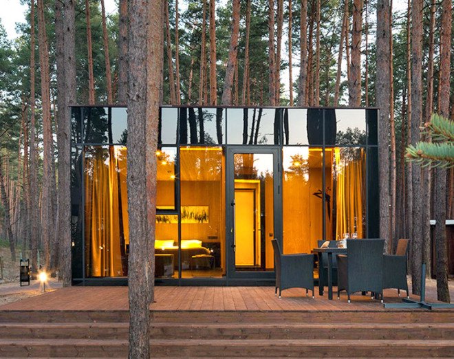 green design, eco design, sustainable design, Relax Park Verholy, Poltova Ukraine, YOD Design Lab, stilted house, prefabricated cabin, mirrored glass