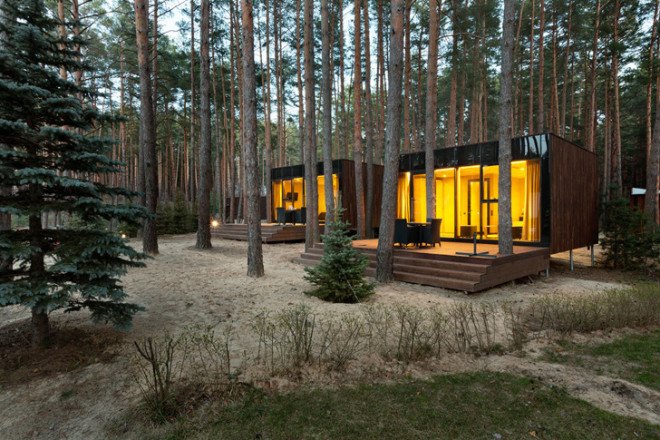 green design, eco design, sustainable design, Relax Park Verholy, Poltova Ukraine, YOD Design Lab, stilted house, prefabricated cabin, mirrored glass
