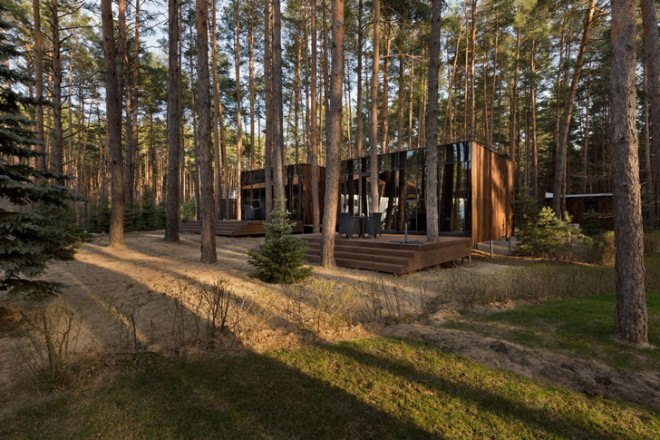 green design, eco design, sustainable design, Relax Park Verholy, Poltova Ukraine, YOD Design Lab, stilted house, prefabricated cabin, mirrored glass