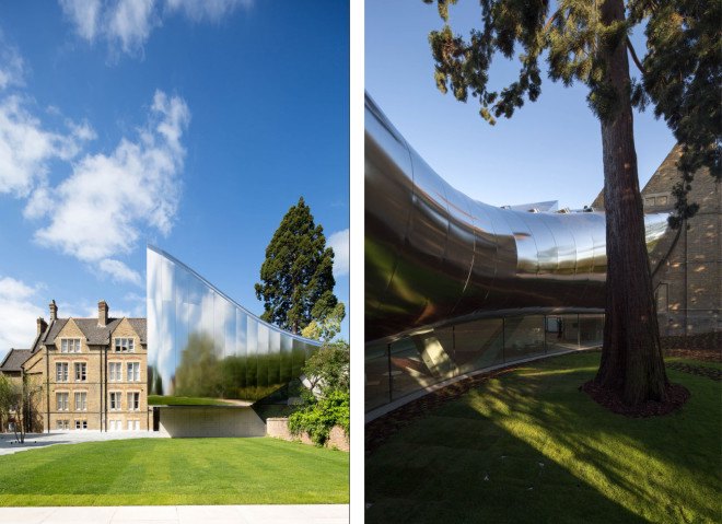 Zaha Hadid, Oxford, steel facade, reflective facade, stainless steel, Zaha Hadid Architects, reading room design, oak veneer, acoustic performance, green building, UK architecture, university campus