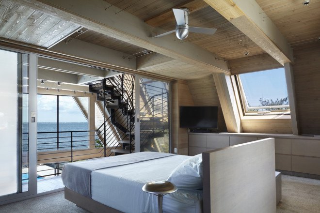 Bromley Caldari Architects, Fire Island, seaside home, A-frame, green renovation, New York architects, wooden architecture, wooden lattice