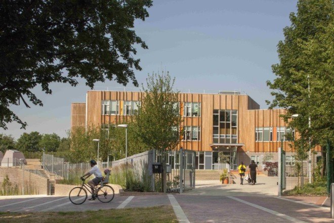 Ashmount Primary School, Penoyre & Prasad, Ashmount Primary School by Penoyre & Prasad, 2015 RIBA winner, brownfield, heat recovery, FSC certified timber, low VOC, high levels insulation, carbon negative, carbon negative school, BREEAM, BREEAM Outstanding, BREEAM Outstanding school, London,