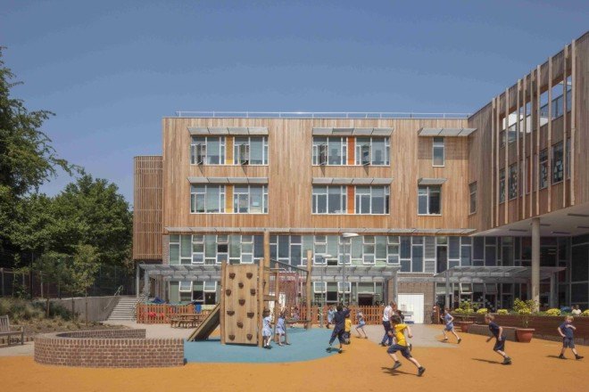 Ashmount Primary School, Penoyre & Prasad, Ashmount Primary School by Penoyre & Prasad, 2015 RIBA winner, brownfield, heat recovery, FSC certified timber, low VOC, high levels insulation, carbon negative, carbon negative school, BREEAM, BREEAM Outstanding, BREEAM Outstanding school, London,
