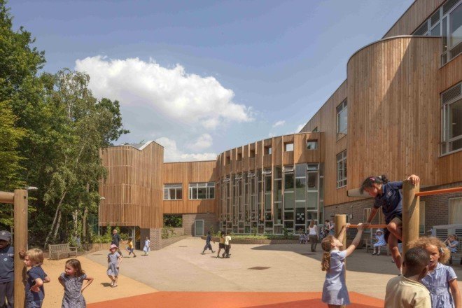 Ashmount Primary School, Penoyre & Prasad, Ashmount Primary School by Penoyre & Prasad, 2015 RIBA winner, brownfield, heat recovery, FSC certified timber, low VOC, high levels insulation, carbon negative, carbon negative school, BREEAM, BREEAM Outstanding, BREEAM Outstanding school, London,