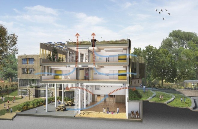Ashmount Primary School, Penoyre & Prasad, Ashmount Primary School by Penoyre & Prasad, 2015 RIBA winner, brownfield, heat recovery, FSC certified timber, low VOC, high levels insulation, carbon negative, carbon negative school, BREEAM, BREEAM Outstanding, BREEAM Outstanding school, London,