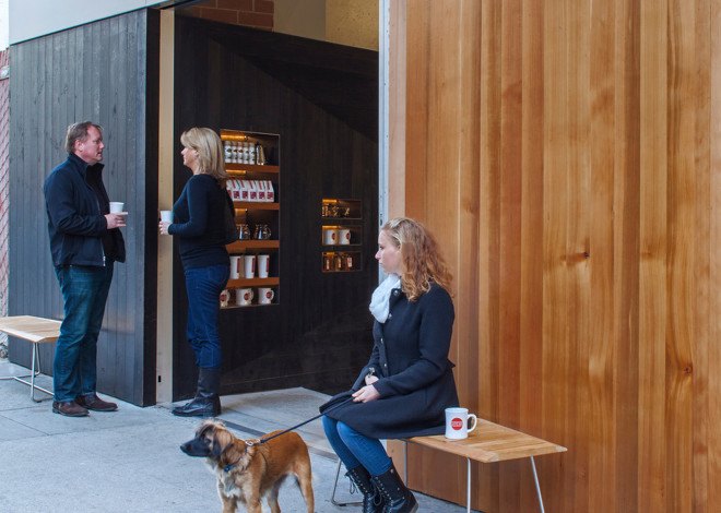 jones | haydu, cafe, green interior, San Francisco, revitalization, green design, scorched wood, wood facade, wood siding, green materials