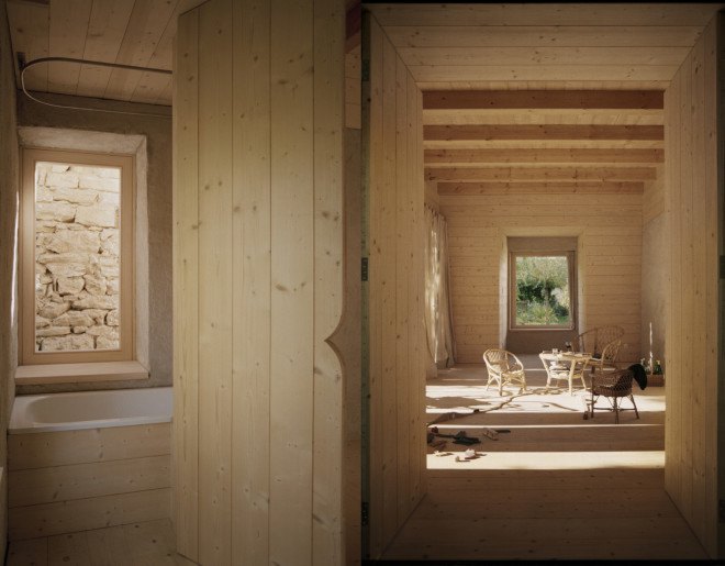garden house, vécsey schmidt architekten, german architecture, german garden house, doris lasch, wooden attic, open attic, boundary wall, stone and wood architecture