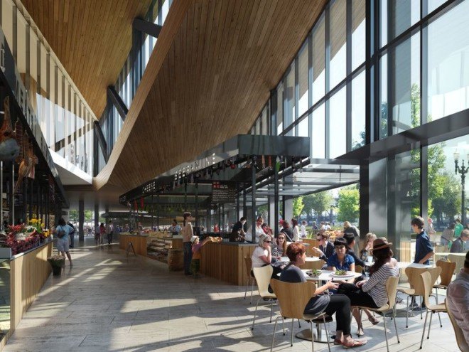 Snøhetta, James Beard Public Market by Snøhetta, James Beard Public Market, James Beard Public Market portland, portland, food market, green roof Willamette river, public market