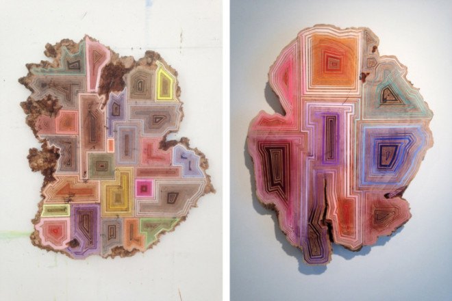 Jason Middlebrook, abstract paintings, wood planks, human-nature relationship, colorful artworks on wood,