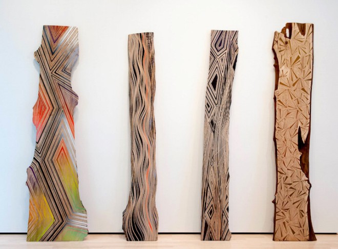 Jason Middlebrook, abstract paintings, wood planks, human-nature relationship, colorful artworks on wood,