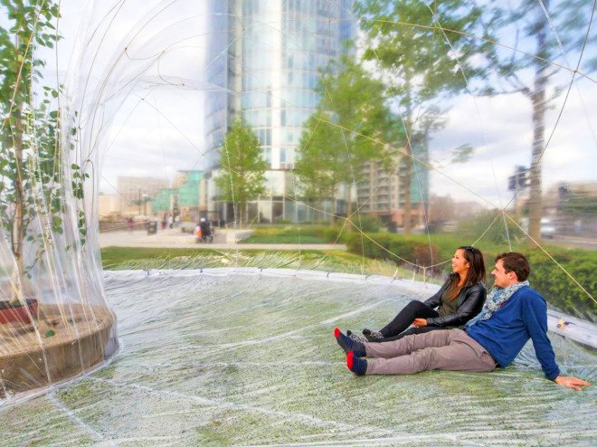 Loop.pH, River Thames, Nine Elms, Nine Elms Horticultural Spa & Apothecary Experience, Horticultural Spa & Apothecary Experience, greenhouse, London, Riverside Gardens, Buckminster Fuller, fog, mist, experimental public space, urban intervention, birch, plywood, PVC membrane, London Festival of Architecture, Chelsea Fringe