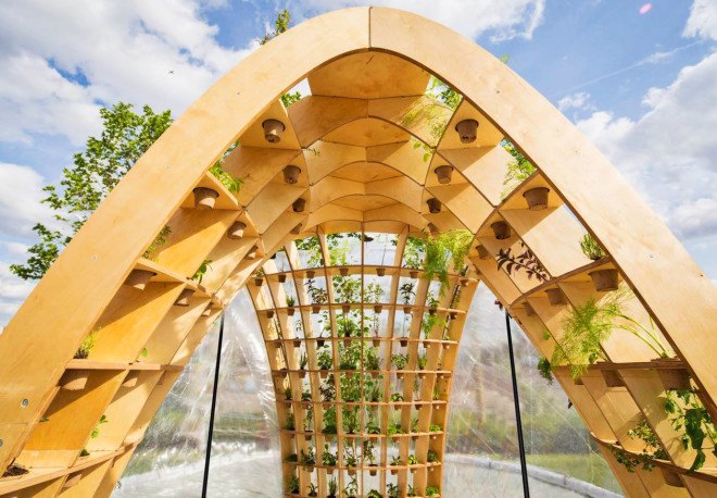 Loop.pH, River Thames, Nine Elms, Nine Elms Horticultural Spa & Apothecary Experience, Horticultural Spa & Apothecary Experience, greenhouse, London, Riverside Gardens, Buckminster Fuller, fog, mist, experimental public space, urban intervention, birch, plywood, PVC membrane, London Festival of Architecture, Chelsea Fringe