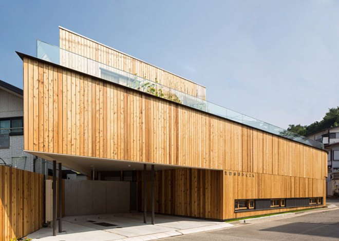 Suga Architects Office, green roof, kindergarten, nursery, kids pplay area, playground, rooftop garden, vegetable garden, green roof, timber facade, cedar facade, cedar siding, courtyard