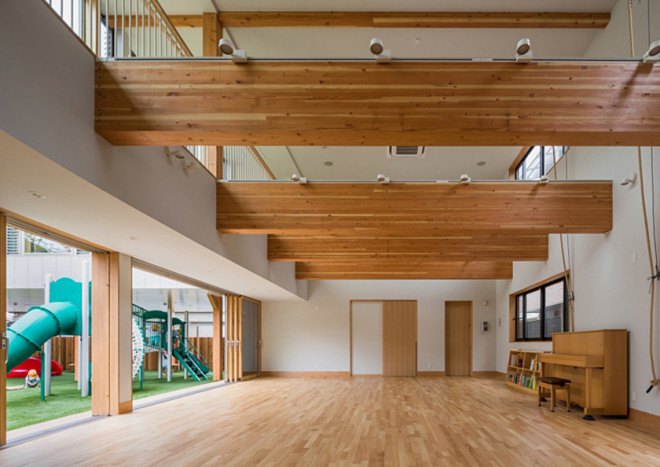 Suga Architects Office, green roof, kindergarten, nursery, kids pplay area, playground, rooftop garden, vegetable garden, green roof, timber facade, cedar facade, cedar siding, courtyard