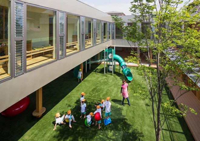Suga Architects Office, green roof, kindergarten, nursery, kids pplay area, playground, rooftop garden, vegetable garden, green roof, timber facade, cedar facade, cedar siding, courtyard