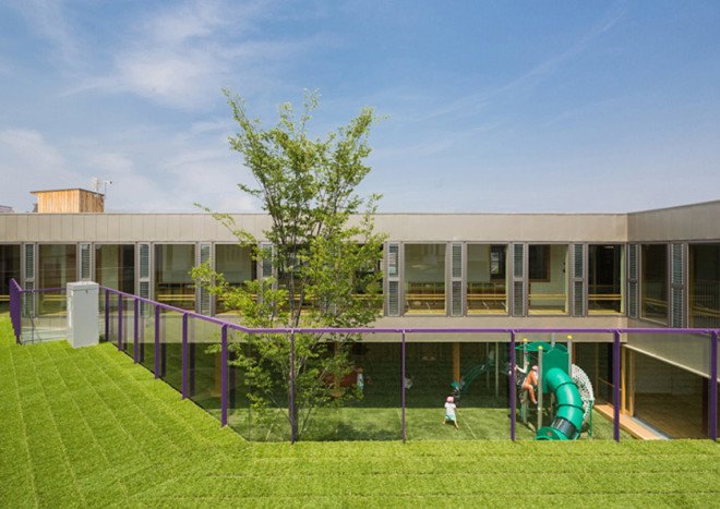 Suga Architects Office, green roof, kindergarten, nursery, kids pplay area, playground, rooftop garden, vegetable garden, green roof, timber facade, cedar facade, cedar siding, courtyard