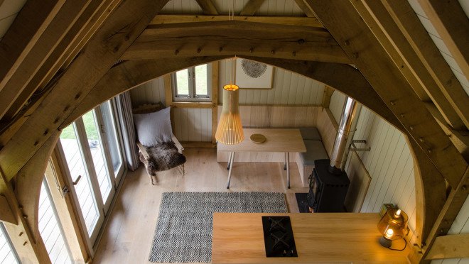 composting toilet, Out of the Valley cabin, Shou Sugi Ban, charred timber, corrugated roof, National Trust woodland, River Teign, handcrafted furniture, solar panels, solar powered cabin, off grid cabin, Rupert McKelvie