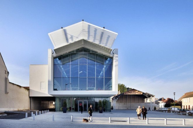 green design, eco design, sustainable design, Auneau Cultural Center, Architecture Patrick Mauger, glass curtain, pitched roof, cultural center, glass facade, solar panels