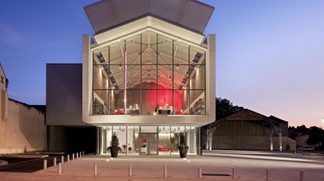 green design, eco design, sustainable design, Auneau Cultural Center, Architecture Patrick Mauger, glass curtain, pitched roof, cultural center, glass facade, solar panels