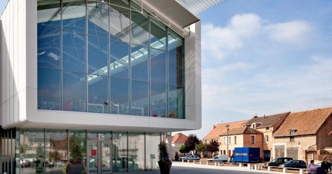 green design, eco design, sustainable design, Auneau Cultural Center, Architecture Patrick Mauger, glass curtain, pitched roof, cultural center, glass facade, solar panels
