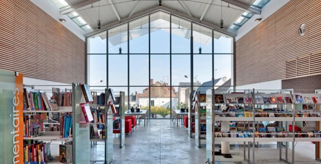 green design, eco design, sustainable design, Auneau Cultural Center, Architecture Patrick Mauger, glass curtain, pitched roof, cultural center, glass facade, solar panels