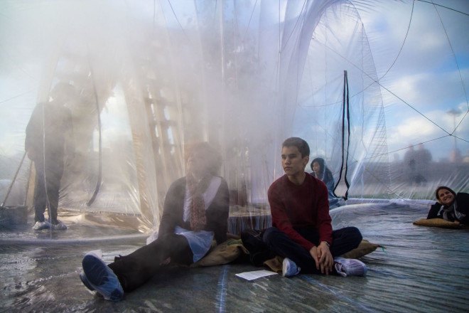 Loop.pH, River Thames, Nine Elms, Nine Elms Horticultural Spa & Apothecary Experience, Horticultural Spa & Apothecary Experience, greenhouse, London, Riverside Gardens, Buckminster Fuller, fog, mist, experimental public space, urban intervention, birch, plywood, PVC membrane, London Festival of Architecture, Chelsea Fringe