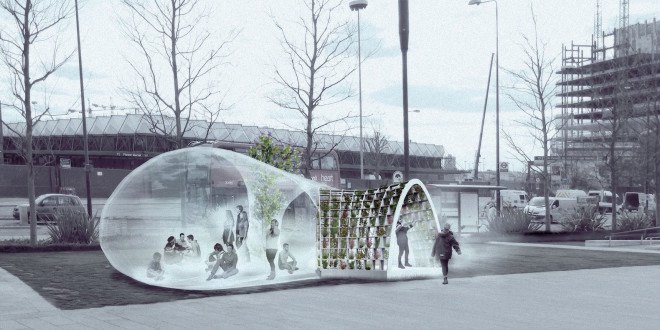 Loop.pH, River Thames, Nine Elms, Nine Elms Horticultural Spa & Apothecary Experience, Horticultural Spa & Apothecary Experience, greenhouse, London, Riverside Gardens, Buckminster Fuller, fog, mist, experimental public space, urban intervention, birch, plywood, PVC membrane, London Festival of Architecture, Chelsea Fringe