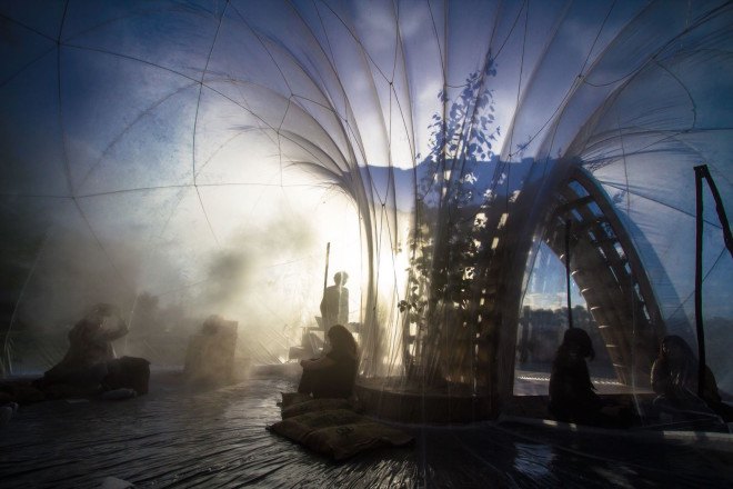 Loop.pH, River Thames, Nine Elms, Nine Elms Horticultural Spa & Apothecary Experience, Horticultural Spa & Apothecary Experience, greenhouse, London, Riverside Gardens, Buckminster Fuller, fog, mist, experimental public space, urban intervention, birch, plywood, PVC membrane, London Festival of Architecture, Chelsea Fringe