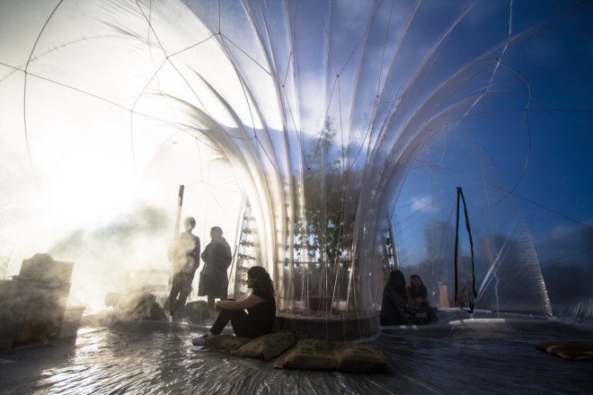 Loop.pH, River Thames, Nine Elms, Nine Elms Horticultural Spa & Apothecary Experience, Horticultural Spa & Apothecary Experience, greenhouse, London, Riverside Gardens, Buckminster Fuller, fog, mist, experimental public space, urban intervention, birch, plywood, PVC membrane, London Festival of Architecture, Chelsea Fringe