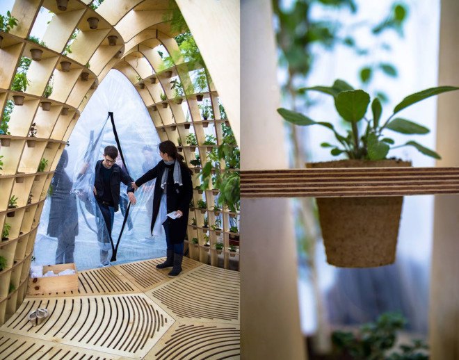 Loop.pH, River Thames, Nine Elms, Nine Elms Horticultural Spa & Apothecary Experience, Horticultural Spa & Apothecary Experience, greenhouse, London, Riverside Gardens, Buckminster Fuller, fog, mist, experimental public space, urban intervention, birch, plywood, PVC membrane, London Festival of Architecture, Chelsea Fringe